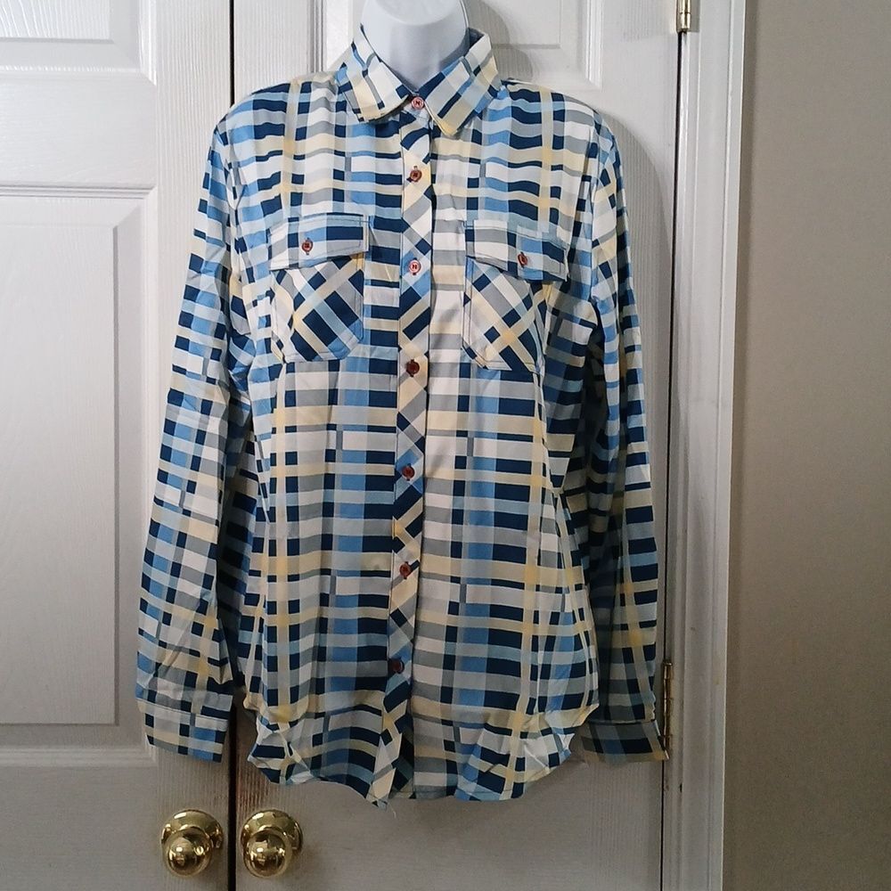 Plaid yellow blue white long sleeve button down shirt blouse Sz 2XL NWOT